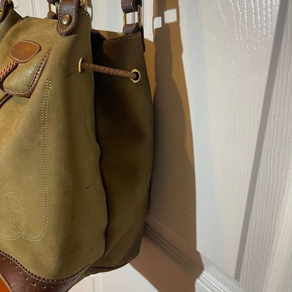 Francesco Biasia leather olive green and brown straps bucket drawstring bag. - Picture 8 of 16